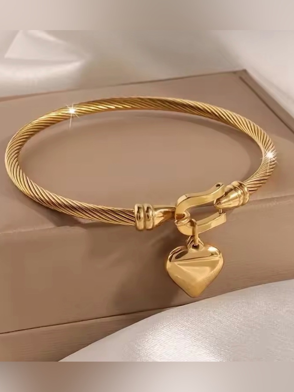 Gold Tone Cable Wire Bracelet Heart Charm Minimalist Statement Jewelry for Women
